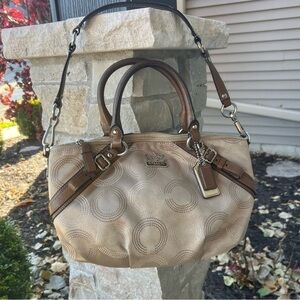 COACH Madison Dotted Op Art Khaki Tan Canvas Brown Leather Trim Handbag Y2k